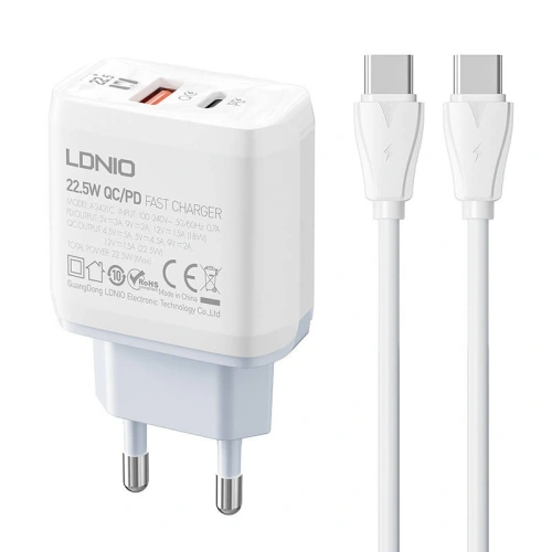 Buy LDNIO A2421C Wall Charger USB-A, USB-C 22.5W + USB-C/USB-C cable - LDN153 - {ean13} - Home Screen Store Europe