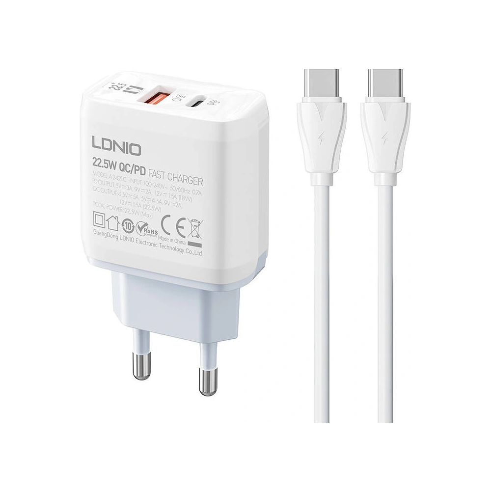 Ładowarka sieciowa LDNIO A2421C USB-A, USB-C 22.5W + kabel USB-C/USB-C