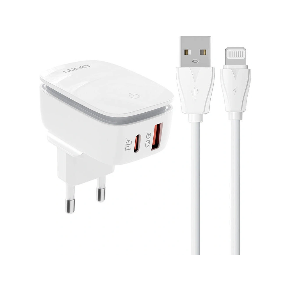 Ładowarka sieciowa LDNIO A2425C USB-A, USB-C + kabel Lightning
