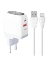 Hálózati töltő LDNIO A2522C USB-A, USB-C 30W + Lightning kábel