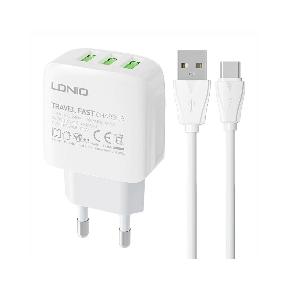 Ładowarka sieciowa LDNIO A3312 3USB + kabel USB-C