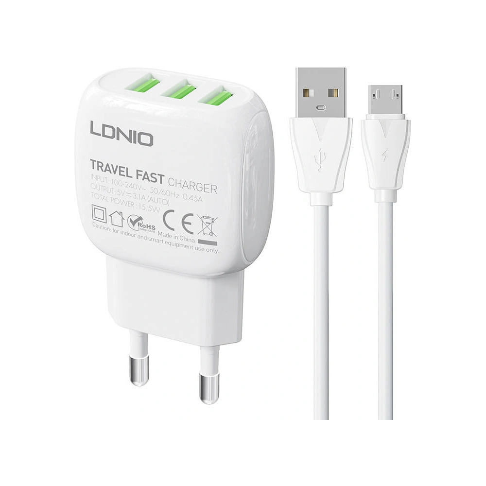 Ładowarka sieciowa LDNIO A3315 3USB + kabel microUSB