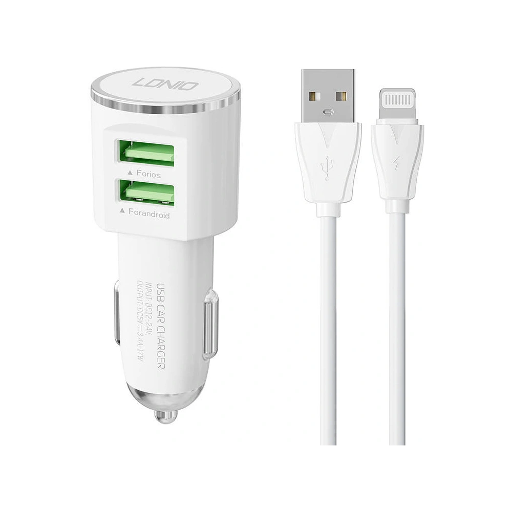 Ładowarka samochodowa LDNIO DL-C29, 2x USB, 3.4A + kabel Lightning (biała)