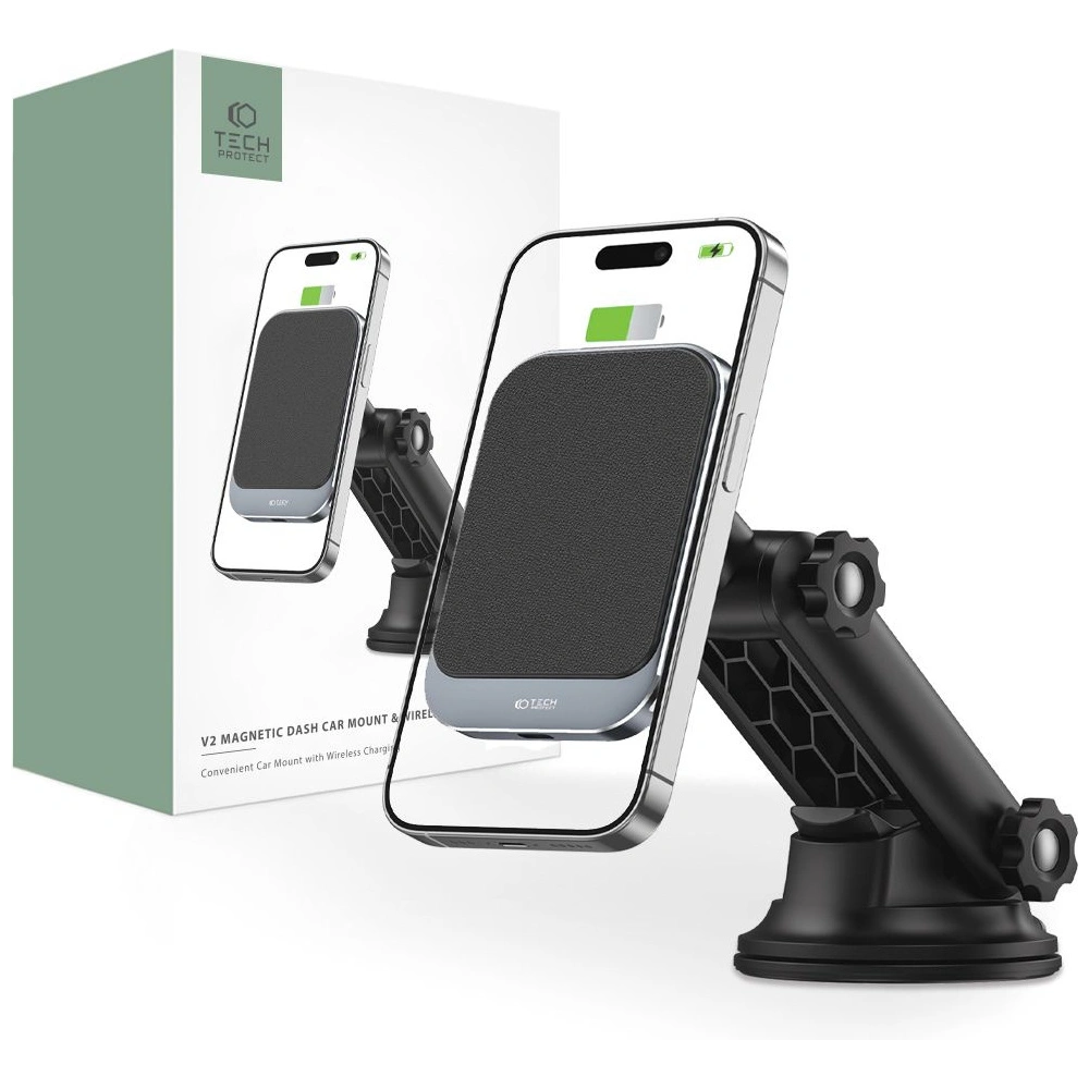 Uchwyt samochodowy z ładowarką bezprzewodową Tech-Protect MM15W-V2 Magnetic MagSafe Dashboard Car Mount Wireless Charger 15W Black