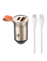 Autós töltő LDNIO C509Q, USB + USB-C, 30W + USB-C/Lightning kábel (arany)