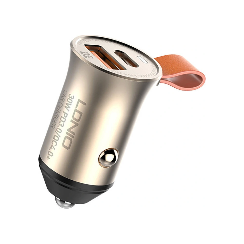 Ładowarka samochodowa LDNIO C509Q, USB + USB-C, 30W + kabel USB-C/Lightning (złota)