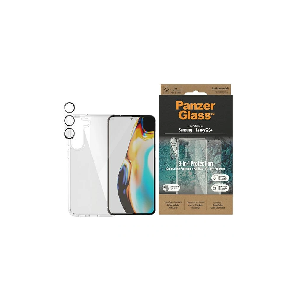 Zestaw PanzerGlass Bundle 3in1 Samsung Galaxy S23+ Plus Hardcase + Screen Protector + Camera Lens 0434+7316