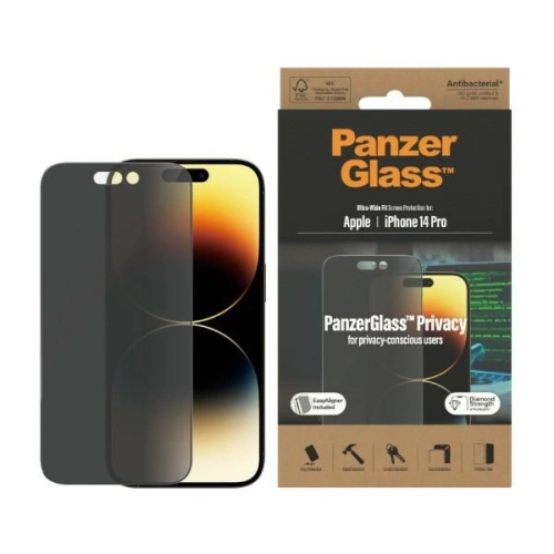 Kup Szkło hartowane PanzerGlass Ultra-Wide Fit Apple iPhone 14 Pro Privacy Screen Protection Antibacterial Easy Aligner Included P2784 - PZG344 - {ean13} - Sklep Home Screen