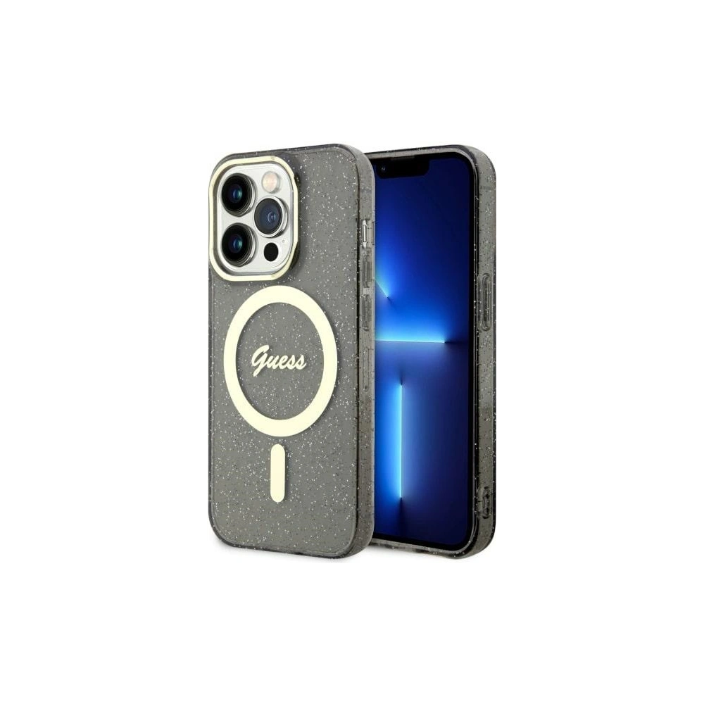 Etui Guess GUHMP14LHCMCGK Apple iPhone 14 Pro czarny/black hardcase Glitter Gold MagSafe