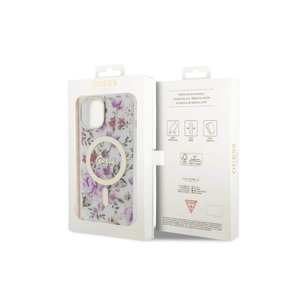 Etui Guess GUHMP14MHCFWST Apple iPhone 14 Plus / 15 Plus transparent hardcase Flower MagSafe