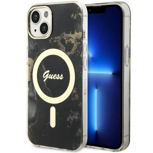 Guess Apple Tasche GUHMP14SHTMRSK iPhone 14 schwarz/schwarz Hardcase Golden Marble MagSafe