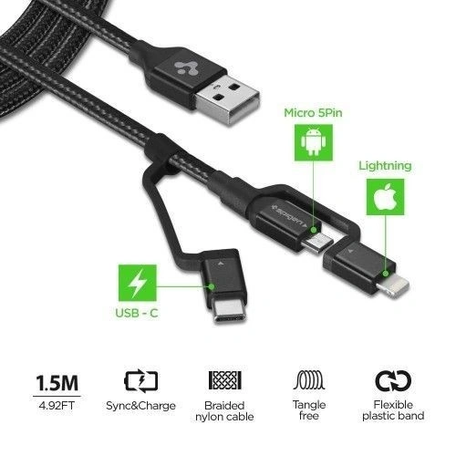 Kup Spigen C10I3 3w1 USB-C, Lightning & microUSB kabel 150cm černý - SPN770BLK - {ean13} - Sklep Home Screen