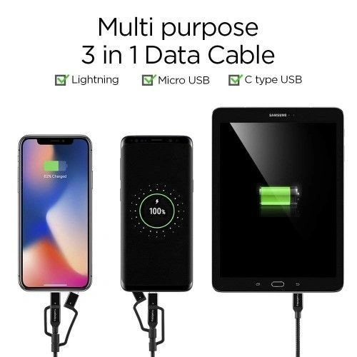 Kup Spigen C10I3 3w1 USB-C, Lightning & microUSB kabel 150cm černý - SPN770BLK - {ean13} - Sklep Home Screen