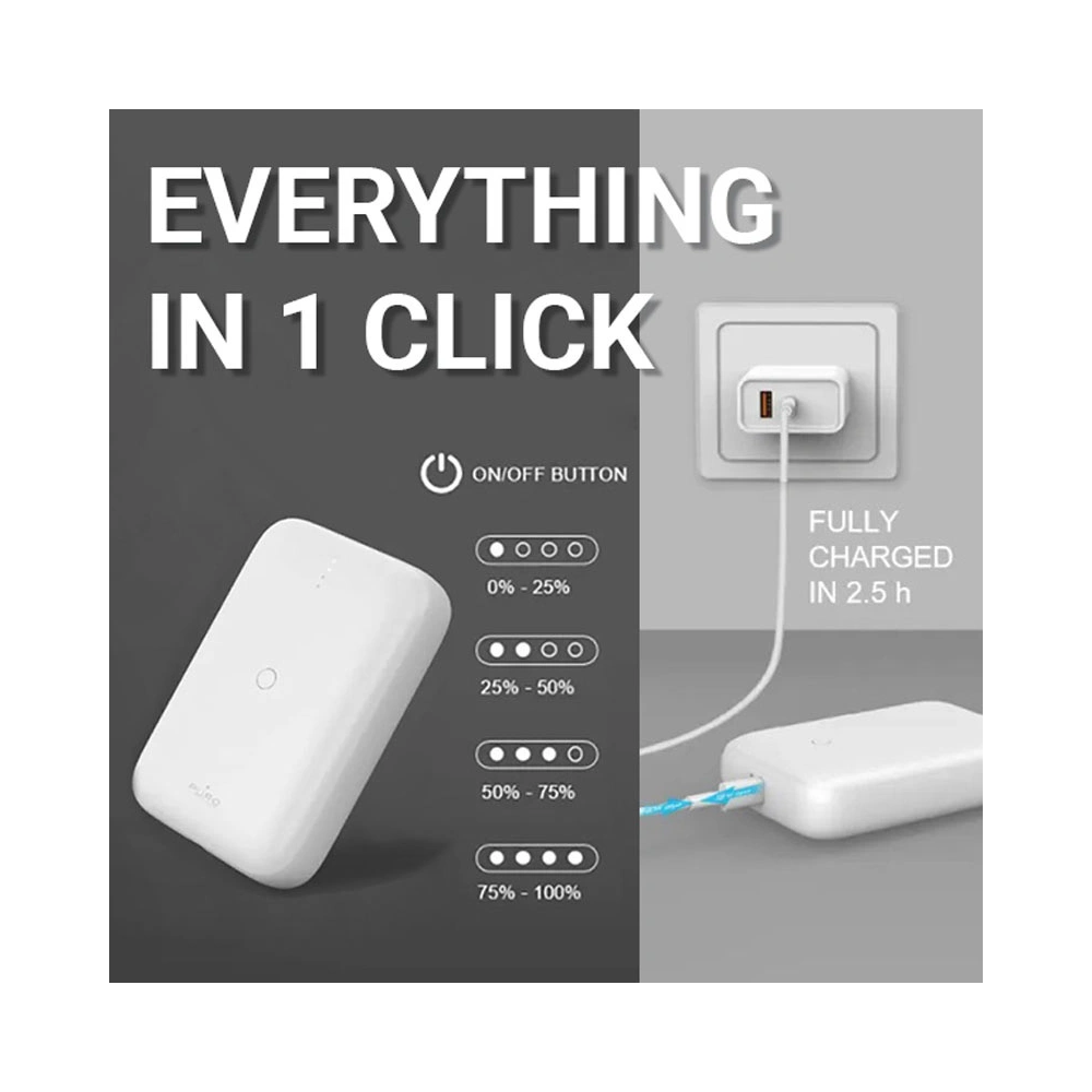 Powerbank PURO Compact Mini Power Bank 10000 mAh, USB-C & USB-A (biały)
