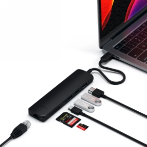Buy Satechi Slim Multiport USB-C (USB-C PD, 2x USB-A, HDMI 4K, Ethernet, card reader micro/SD) Black - STH24 - {ean13} - Home Screen Store Europe