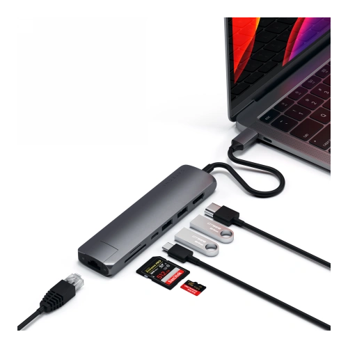Kup Satechi Adapter HUB Slim Multiport USB-C (USB-C PD, 2x USB-A, HDMI 4K, Ethernet, micro/SD-Kartenleser) (spacegrau) - STH25 - {ean13} - Sklep Home Screen