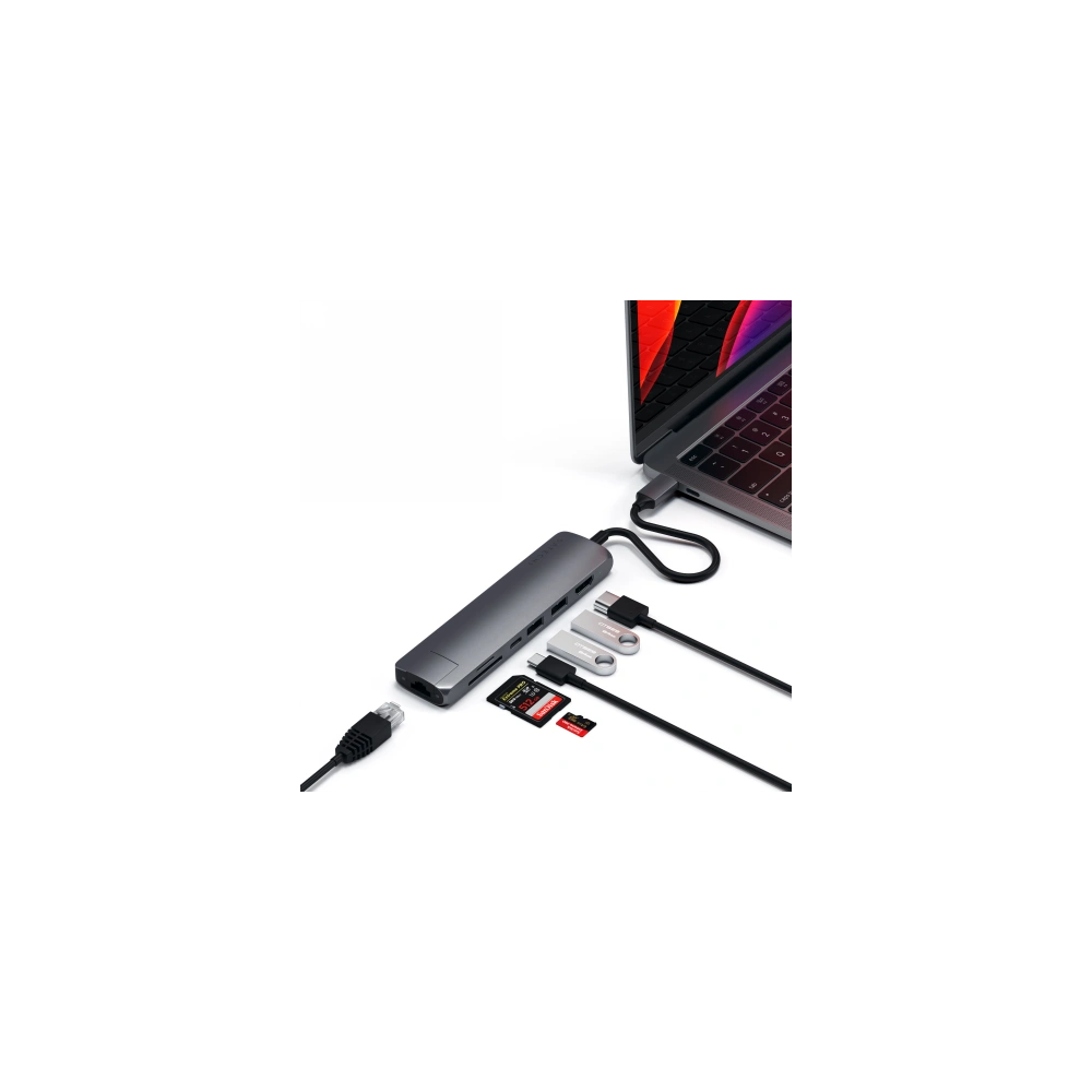 Adapter HUB Satechi Slim Multiport USB-C (USB-C PD, 2x USB-A, HDMI 4K, Ethernet, czytnik kart micro/SD) (space gray)