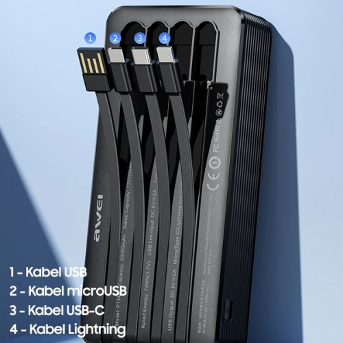 Kup Powerbank AWEI P134K 20000mAh schwarz/schwarzes Display + USB/PD/Lightning/microUSB Kabel - AWEI132 - {ean13} - Sklep Home Screen