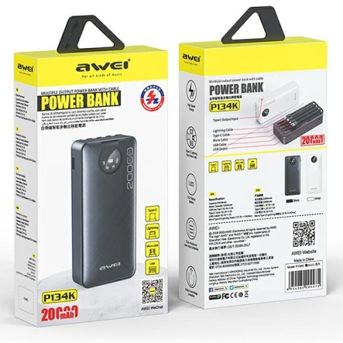 Kup Powerbank AWEI P134K 20000mAh schwarz/schwarzes Display + USB/PD/Lightning/microUSB Kabel - AWEI132 - {ean13} - Sklep Home Screen