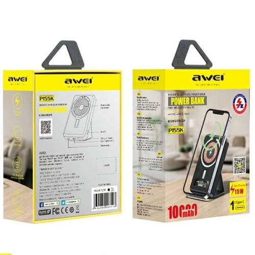 Buy AWEI P155K Powerbank 10000mAh 15W Magnetic Wireless Fast Charge with stand Lightning/PD black - AWEI135 - {ean13} - Home Screen Store Europe