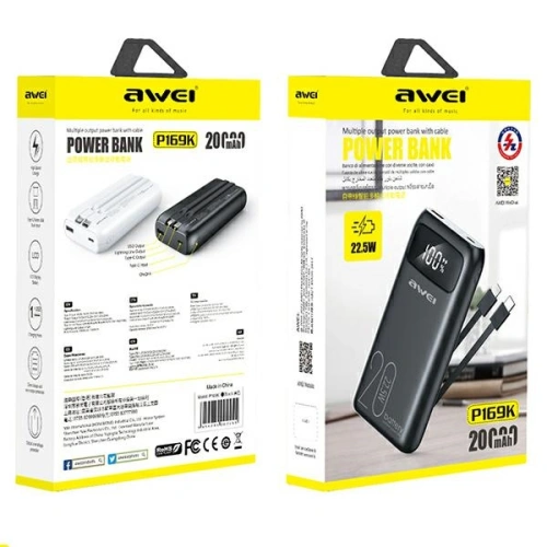 Kup Powerbank AWEI P169K 20000mAh 22.5W negru/black cu display + cabluri PD/Lightning - AWEI136 - {ean13} - Sklep Home Screen