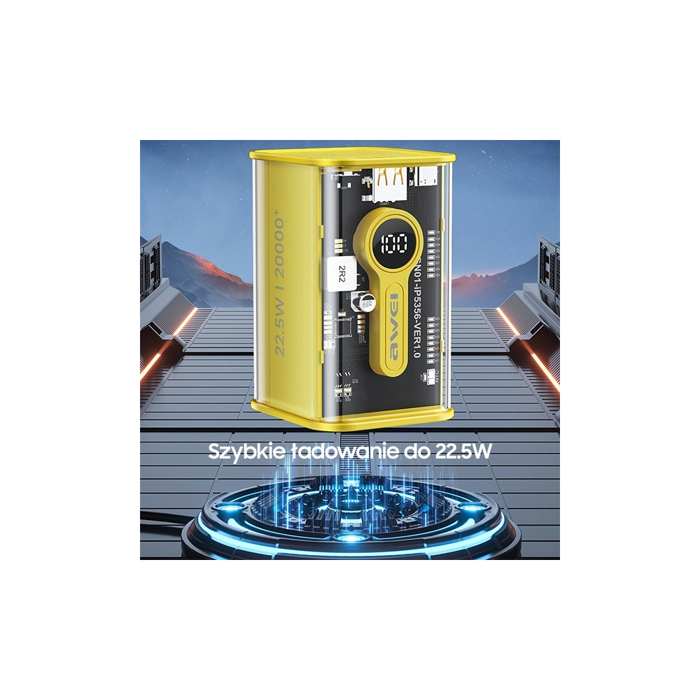 Powerbank AWEI P180K 20000mAh 22.5W czarny/black USB/PD + wyświetlacz