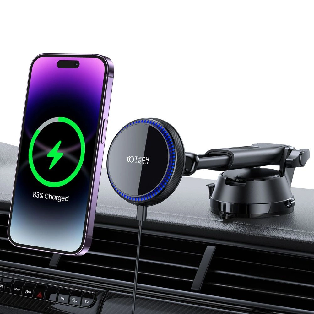 Uchwyt samochodowy z ładowarką bezprzewodową Tech-Protect MM15W-V4 Magnetic MagSafe Dashboard Car Mount Wireless Charger 15W Black