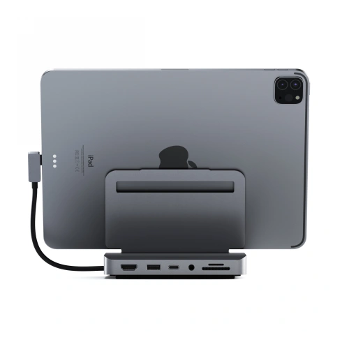 Kup Satechi Apple Standfuß Aluminium-Standfuß Hub für iPad Pro (USB-C, USB-A, 4K HDMI, micro/SD-Kartenleser, Klinkenanschluss) (spacegrau) - STH27 - {ean13} - Sklep Home Screen