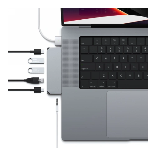 Kup Satechi Apple Adapter HUB Pro Hub mini mit dualem USB-C an MacBook (2xUSB-C, 2x USB-A, Ethernet, Klinkenanschluss) (spacegrau) - STH34 - {ean13} - Sklep Home Screen