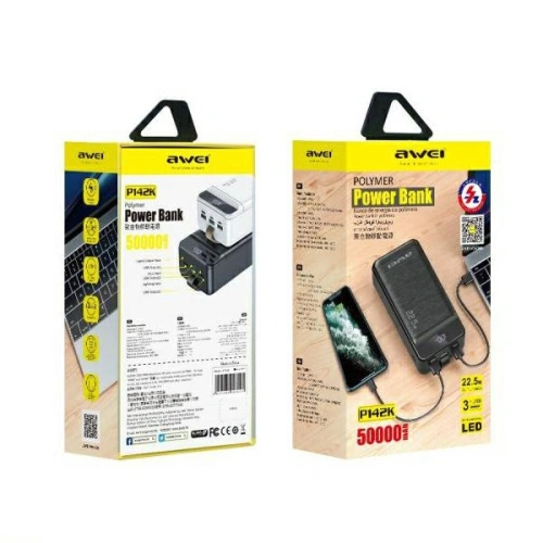 Buy AWEI P142K Powerbank 50000mAh 22.5W black 3xUSB/PD/Lightning display + LED light - AWEI141 - {ean13} - Home Screen Store Europe