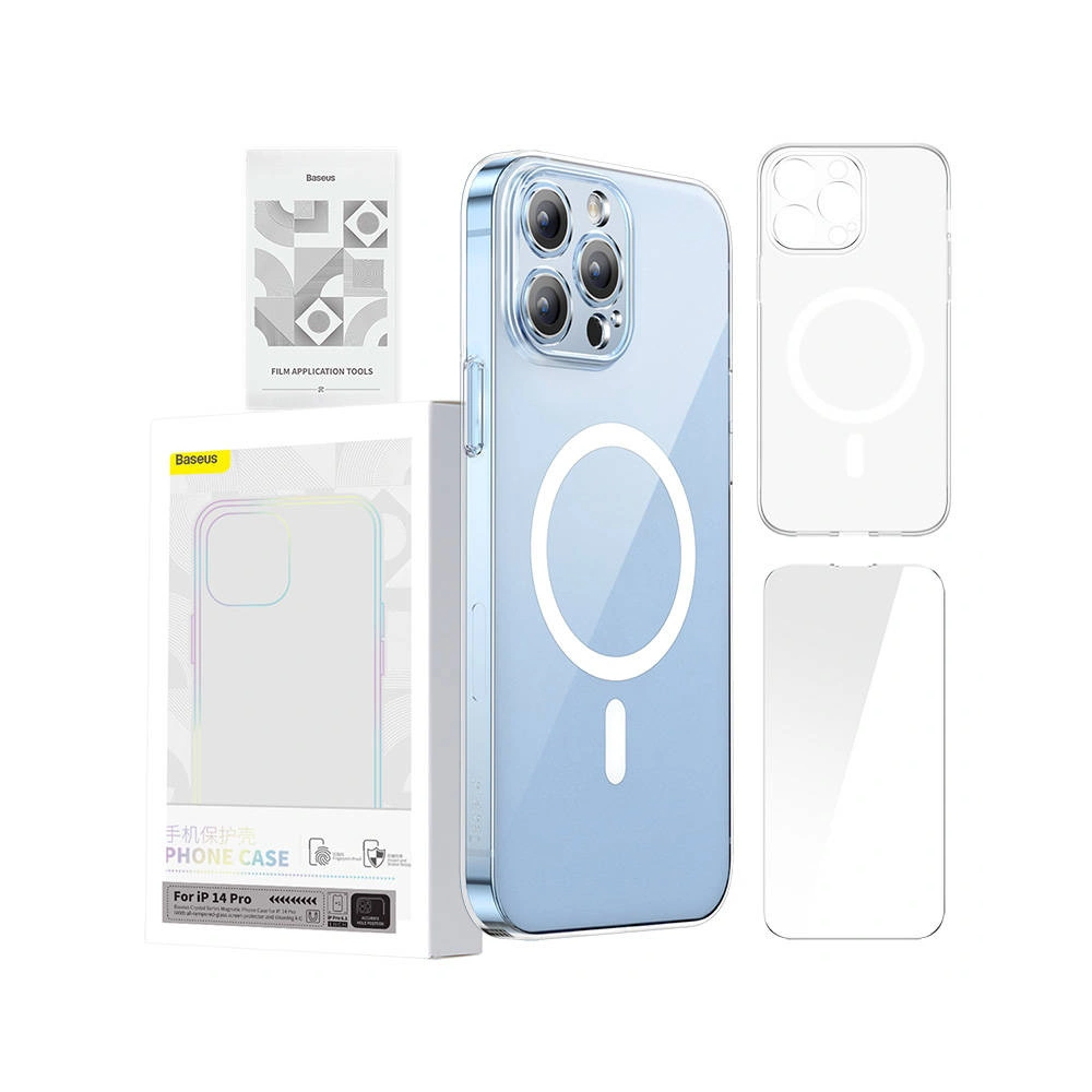 Etui Baseus Magnetic Crystal Clear Apple iPhone 14 Pro (transparentne) + szkło hartowane + zestaw czyszczący
