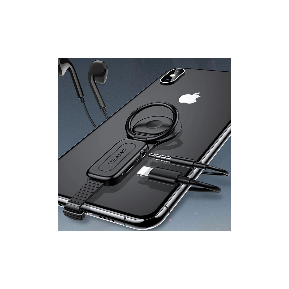 Adapter USAMS AU06 2w1 Lightning - 3,5mm + ring holder czarny/black (US-SJ275)