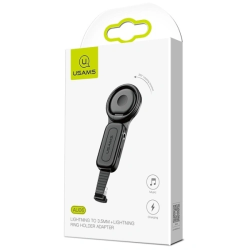 Kup Adapter USAMS AU06 2w1 Lightning - 3,5mm + gyűrű tartó fekete/black (US-SJ275) - USA946 - {ean13} - Sklep Home Screen