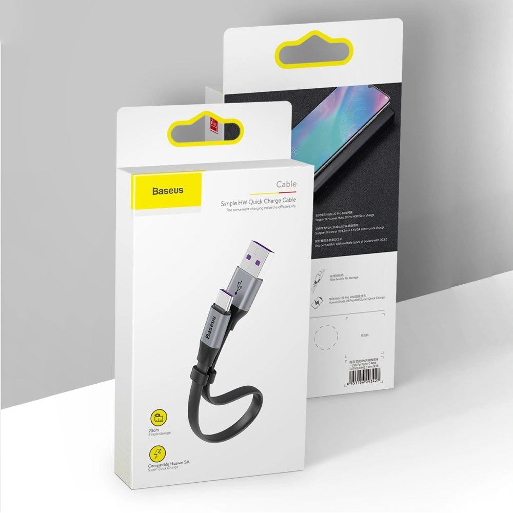 Płaski kabel Baseus Simple USB-A/USB-C SuperCharge 5A 40W Quick Charge 3.0 QC 3.0 23cm szary