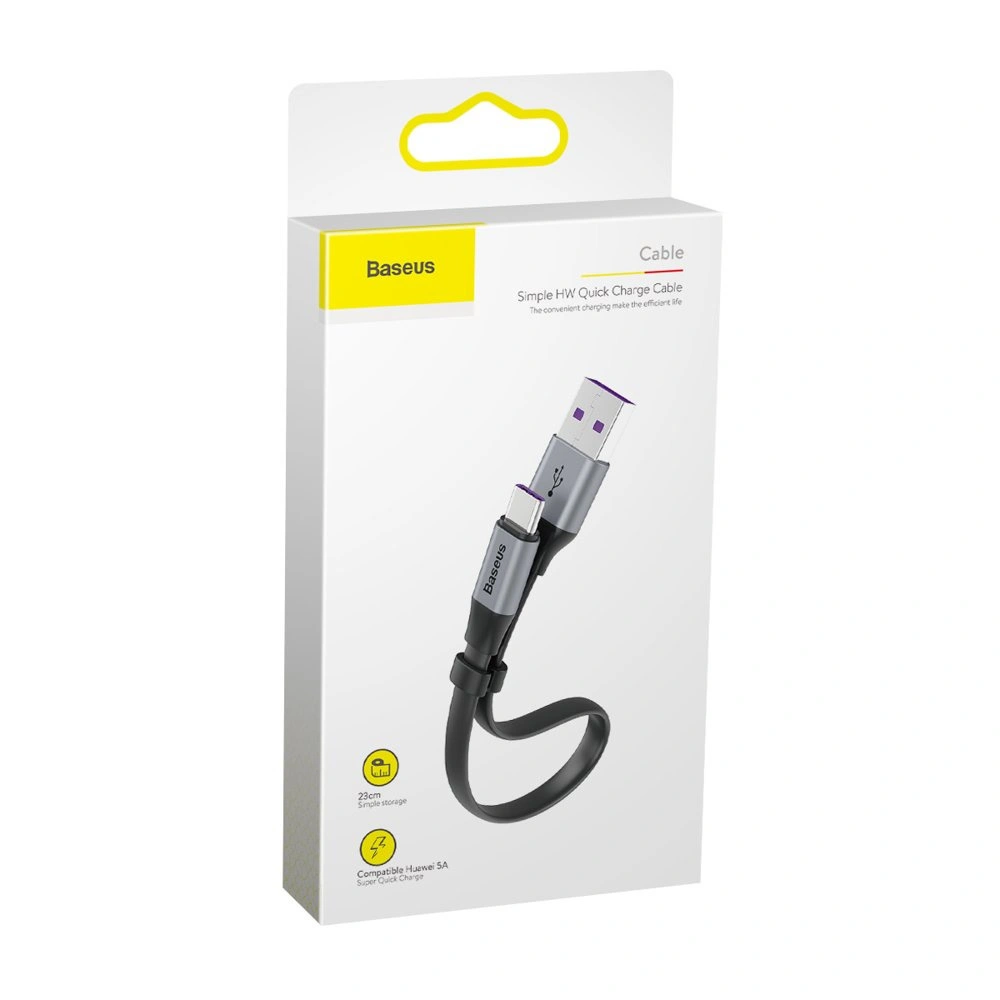Płaski kabel Baseus Simple USB-A/USB-C SuperCharge 5A 40W Quick Charge 3.0 QC 3.0 23cm szary