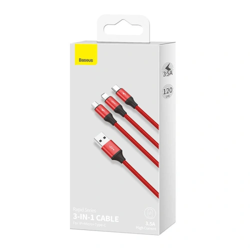 Buy Baseus Rapid Series 3in1 USB-A/USB-C - Lightning - microUSB Cable 1.2m (red) - BSU4158 - {ean13} - Home Screen Store Europe