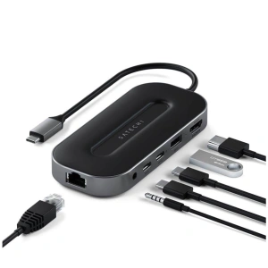 Kup Satechi Adapter Multiport Adapter USB-C (2x UBS-C, USB-A, 8K HDMI, 2.5G Ethernet, Klinkenanschluss) (spacegrau) - STH43 - {ean13} - Sklep Home Screen