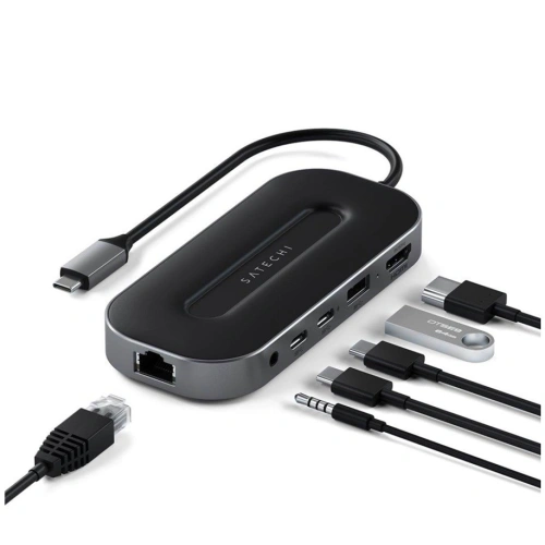 Kup Satechi Adapter Multiport Adapter USB-C (2x UBS-C, USB-A, 8K HDMI, 2.5G Ethernet, Klinkenanschluss) (spacegrau) - STH43 - {ean13} - Sklep Home Screen