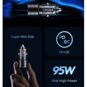 USAMS C36 USB-A+USB-C 95W Gyors Töltő autós töltő fekete (US-CC176)