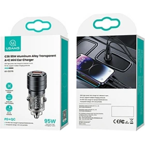 USAMS C36 USB-A+USB-C 95W Gyors Töltő autós töltő fekete (US-CC176)