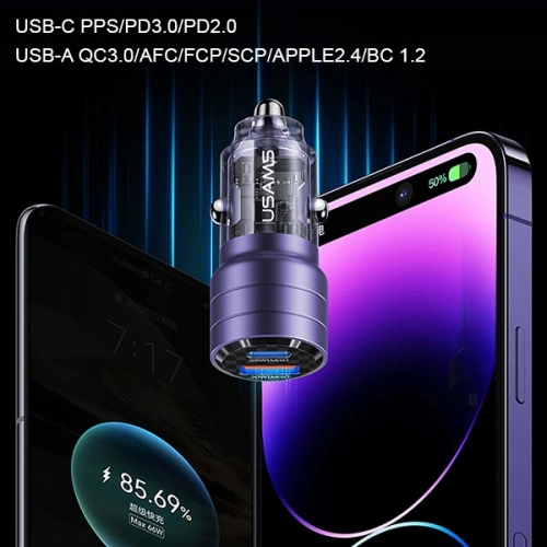 Kup Încărcător auto USAMS C36 USB-A+USB-C 95W Încărcare rapidă violet/purple (US-CC176) - USA967 - {ean13} - Sklep Home Screen
