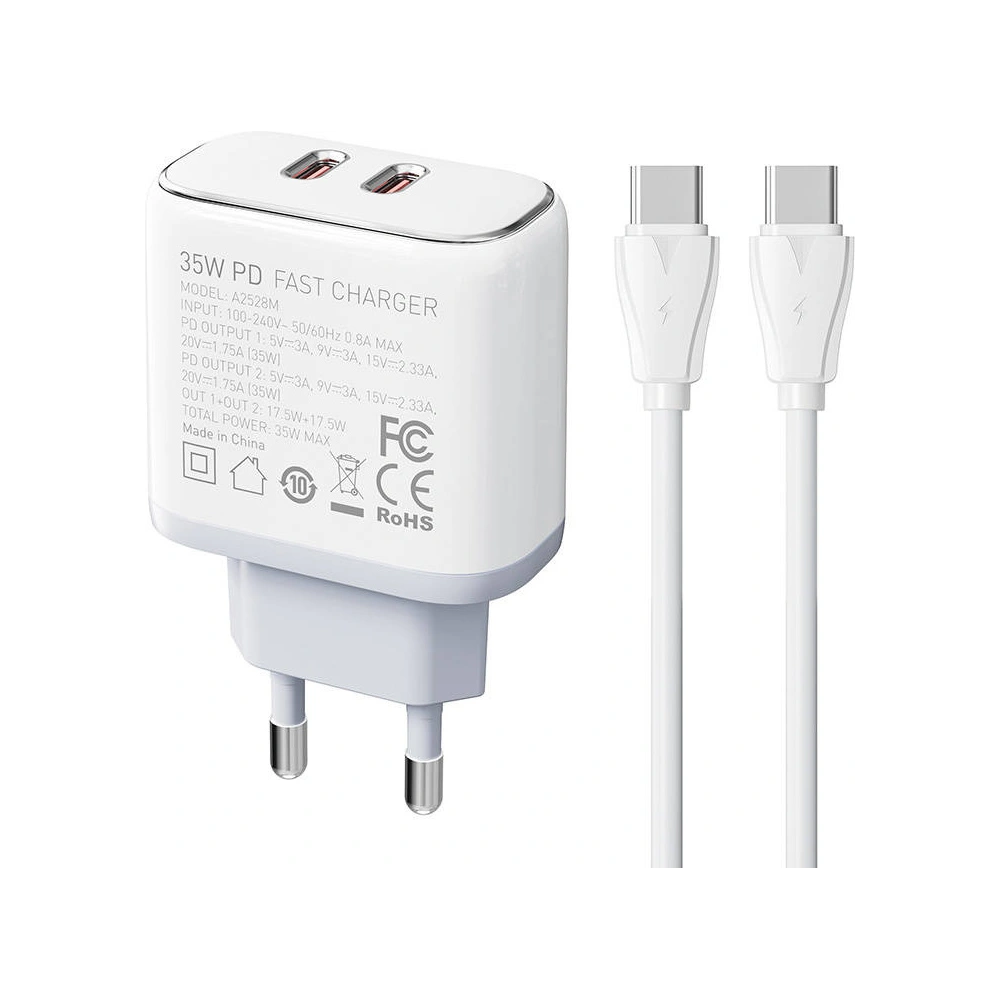 Ładowarka sieciowa LDNIO A2528C 2xUSB-C 35W + kabel USB-C/USB-C