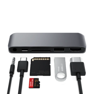 Kup Satechi Hub USB-C (USB-C 60W, 4K HDMI, USB-A, micro/SD-Kartenleser, Klinkenanschluss) (spacegrau) - STH47 - {ean13} - Sklep Home Screen
