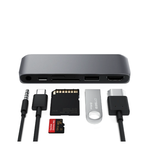 Kup Satechi Hub USB-C (USB-C 60W, 4K HDMI, USB-A, micro/SD-Kartenleser, Klinkenanschluss) (spacegrau) - STH47 - {ean13} - Sklep Home Screen