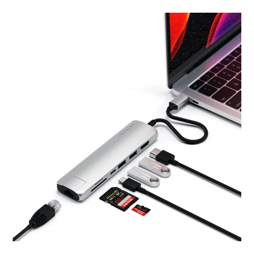 Buy Satechi Aluminium Adapter Slim USB-C (USB-C, 2x USB-A, 4K HDMI, card reader) (silver) - STH49 - {ean13} - Home Screen Store Europe