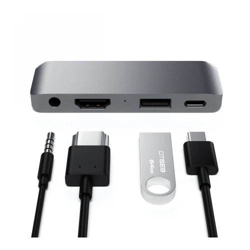 Kup Satechi Hub Aluminium Mobile Pro Hub USB-C (USB-C 60W, 4K HDMI, USB-A 3.0, Klinkenanschluss) (spacegrau) - STH55 - {ean13} - Sklep Home Screen