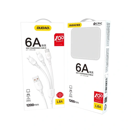 Buy Dudao L8A-3in1 USB-A/USB-C - microUSB - Lightning Cable 480Mb/s 6A 1.2m white - DDA270 - {ean13} - Home Screen Store Europe