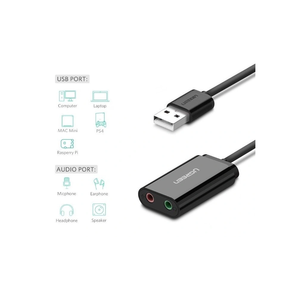 Zewnętrzna karta dźwiękowa USB UGREEN 15cm (czarny)