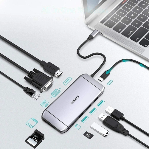 Kup Choetech Adapter HUB HUB-M15 9in1 USB-C/3xUSB 3.2 Gen 1 - SD und TF Kartenleser - HDMI 4K 30Hz - VGA Full HD 60Hz - USB-C - RJ45 grau - CHT66 - {ean13} - Sklep Home Screen