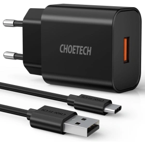 Buy Choetech Q5003 Wall Charger QC3.0 18W 3A + USB-A/USB-C Cable 1m black - CHT96 - {ean13} - Home Screen Store Europe